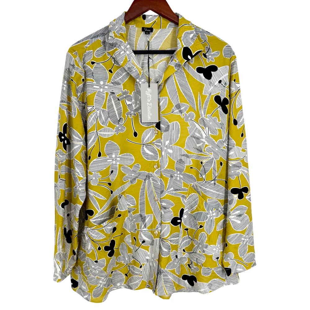 NEW NWT Shana Plus Size XXL Yellow White Wearable Art Blouse Shirt Top Tropical